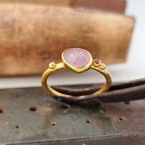 Sapphire ring. 14K Yellow gold ring with Pink Sapphire & small Ruby. Unique ring